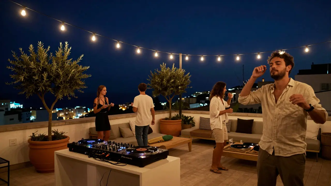 A rooftop party under the stars with guests dancing to indie-electronic music and string lights above.