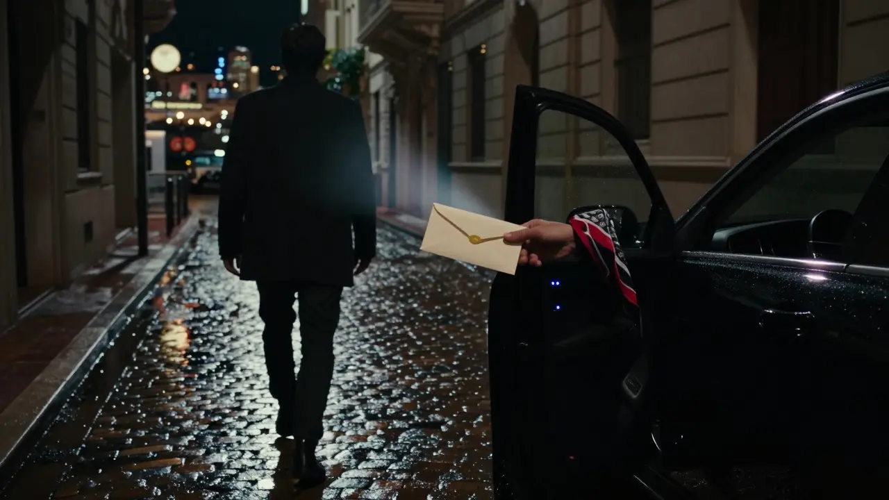 A shadowy figure in Monaco's La Condamine receives a discreet envelope as a luxury car waits in the distance, evoking secrecy and trust.
