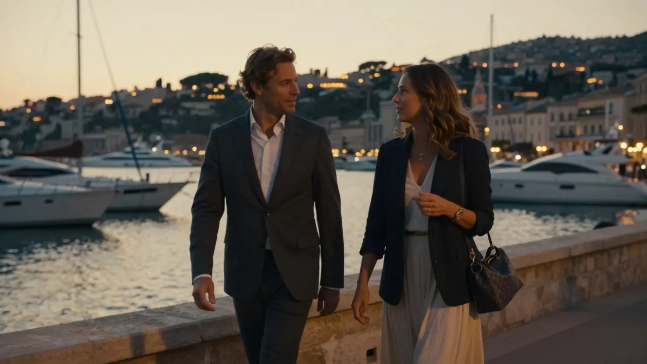 A sophisticated couple strolls along Port Hercules at sunset, yachts glimmering in the harbor behind them.