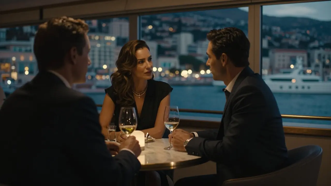 A sophisticated woman conversing with a client at a rooftop bar in Monte Carlo, overlooking the harbor at dusk.