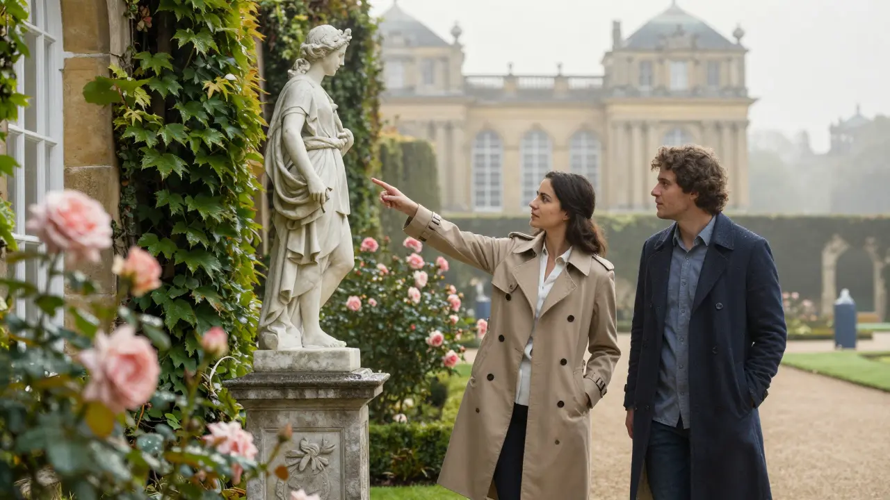A woman guides a companion through Prince's Palace gardens at dawn, pointing to a statue.