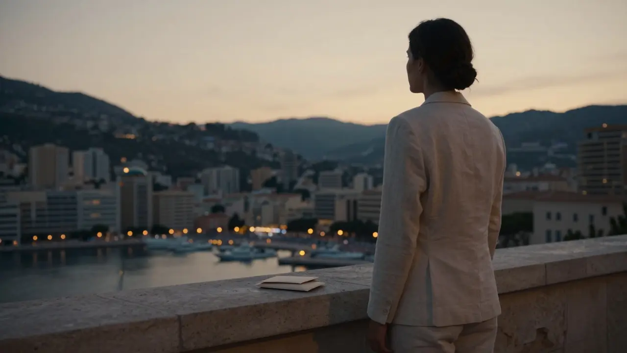 A woman on a private terrace at dusk, gazing at Monaco's skyline, symbolizing discretion and elegance.