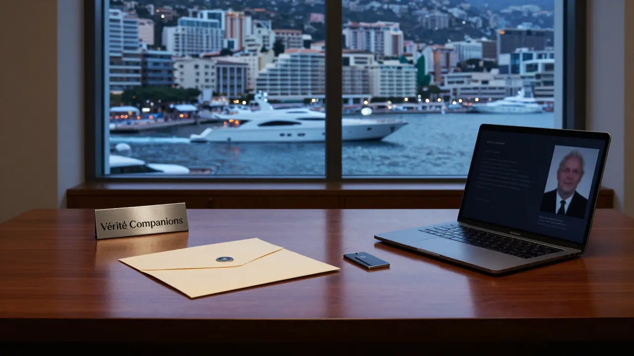 An elegant private agency office in Monaco with a sealed envelope and keycard, yacht visible through window.