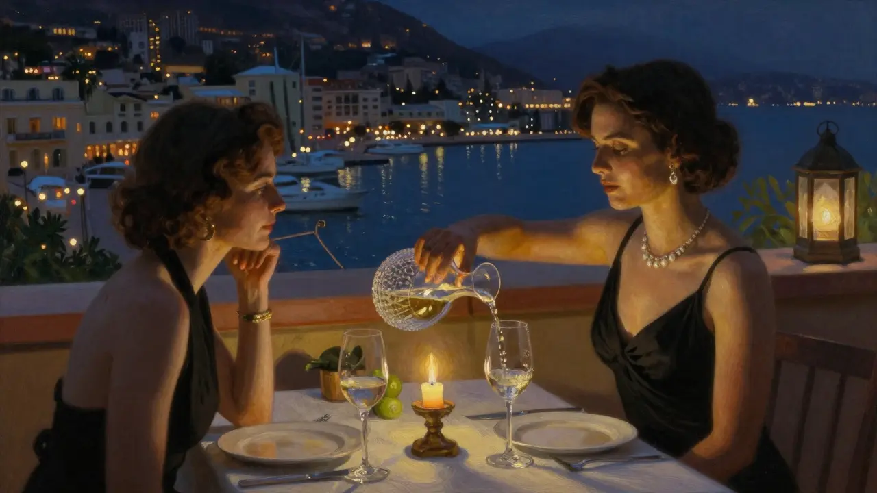 An intimate rooftop dinner in Monte Carlo with wine being poured under string lights.