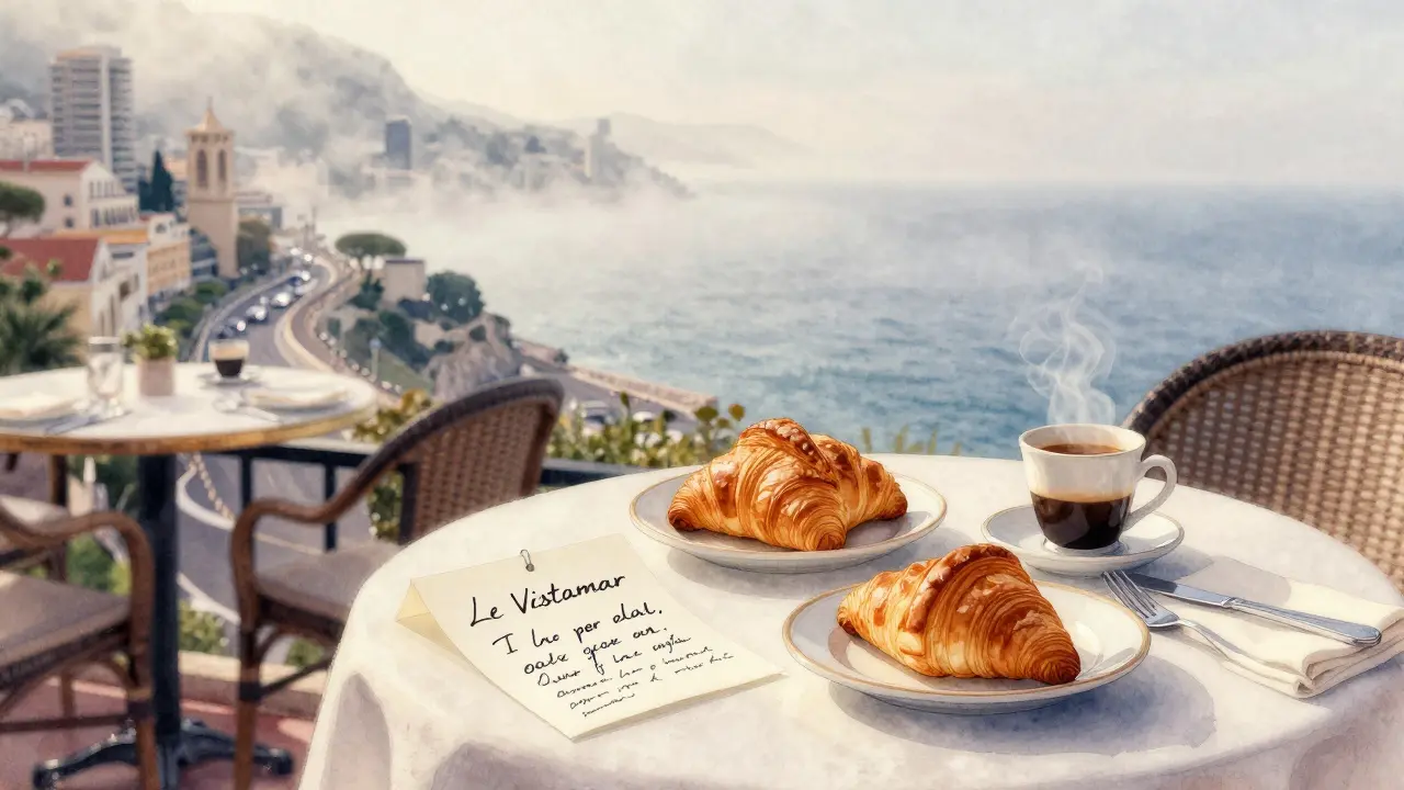 Breakfast terrace at Le Vistamar with fresh croissants, espresso, and a view of the sea, bathed in soft morning light.