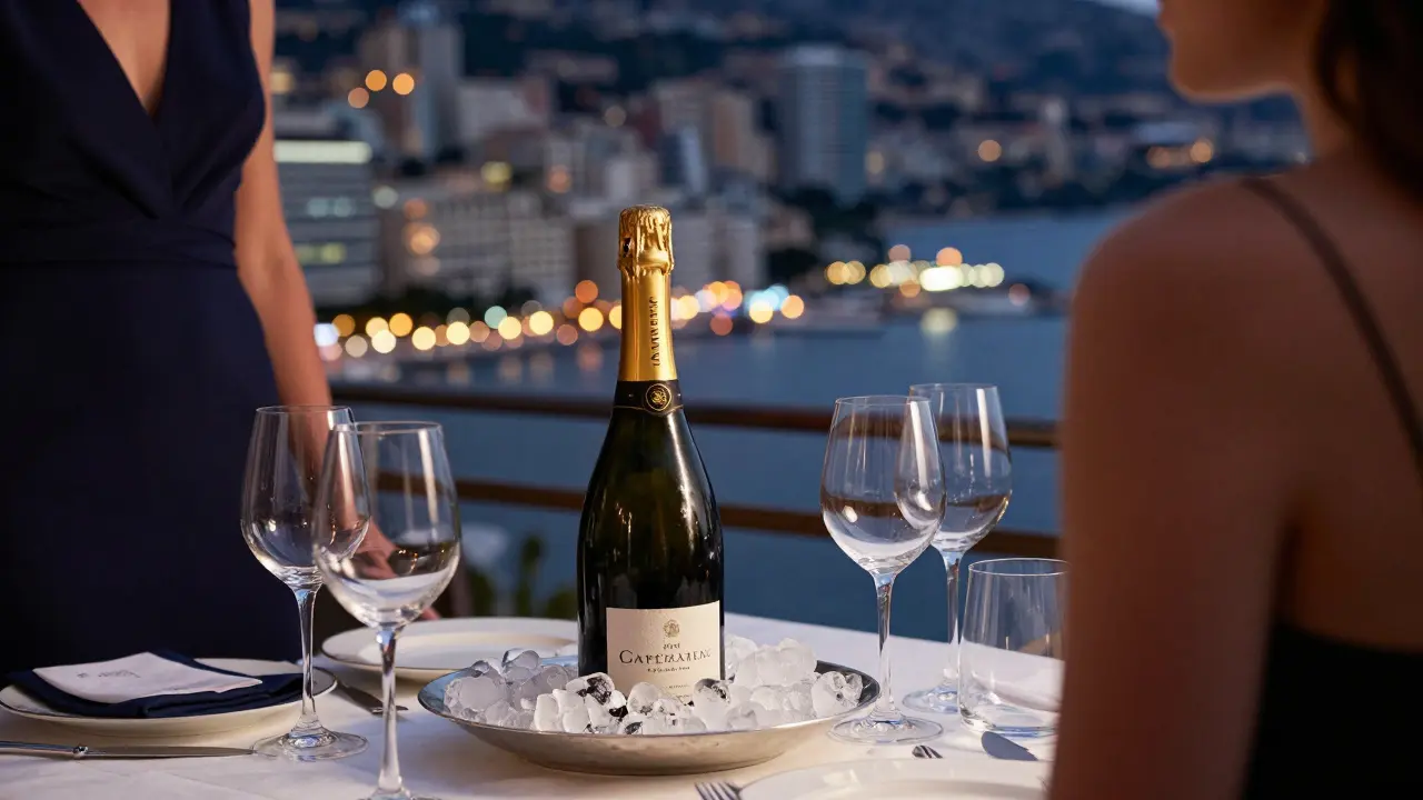 Elegant VIP table with champagne overlooking the Monaco coastline at night.