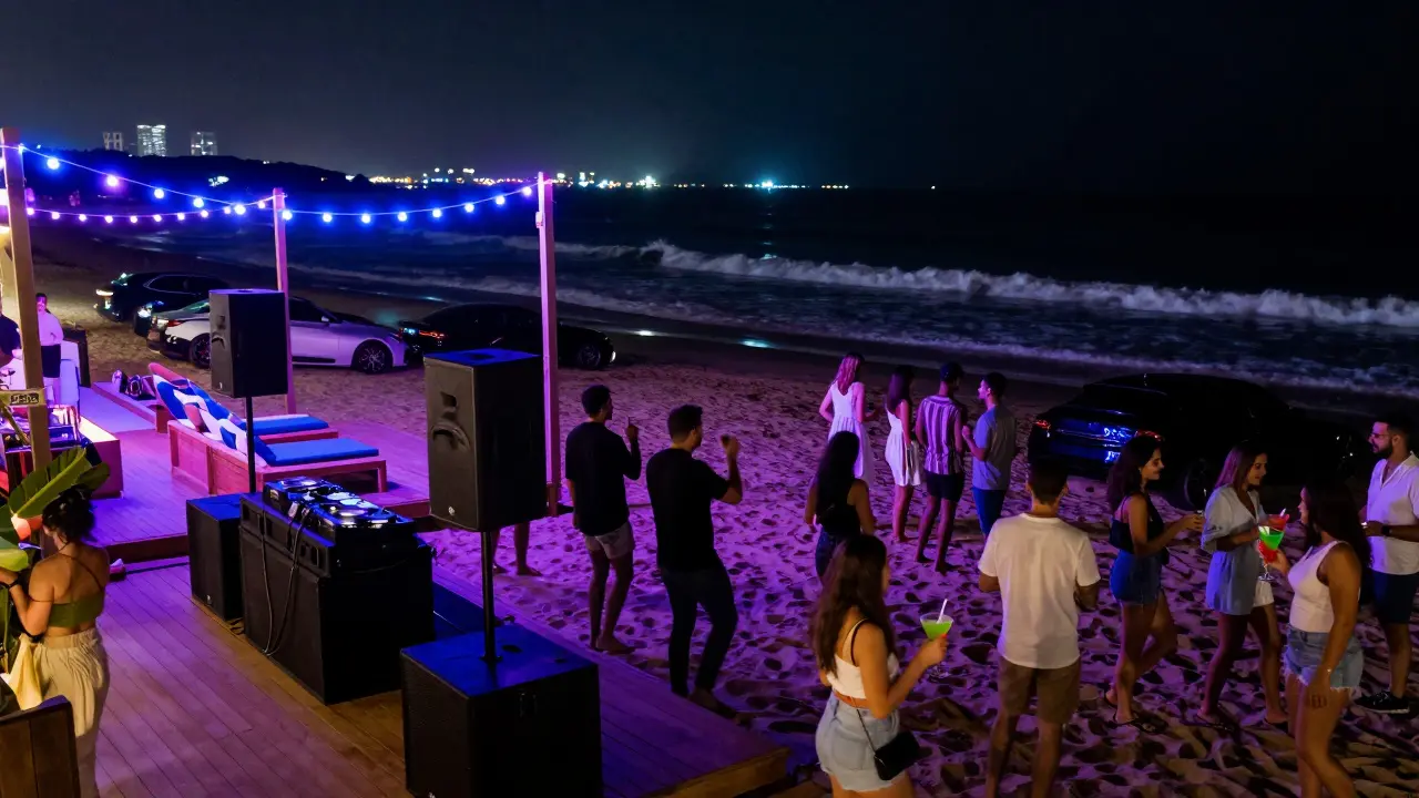 Evening beach club party with neon lights and people dancing near the sea