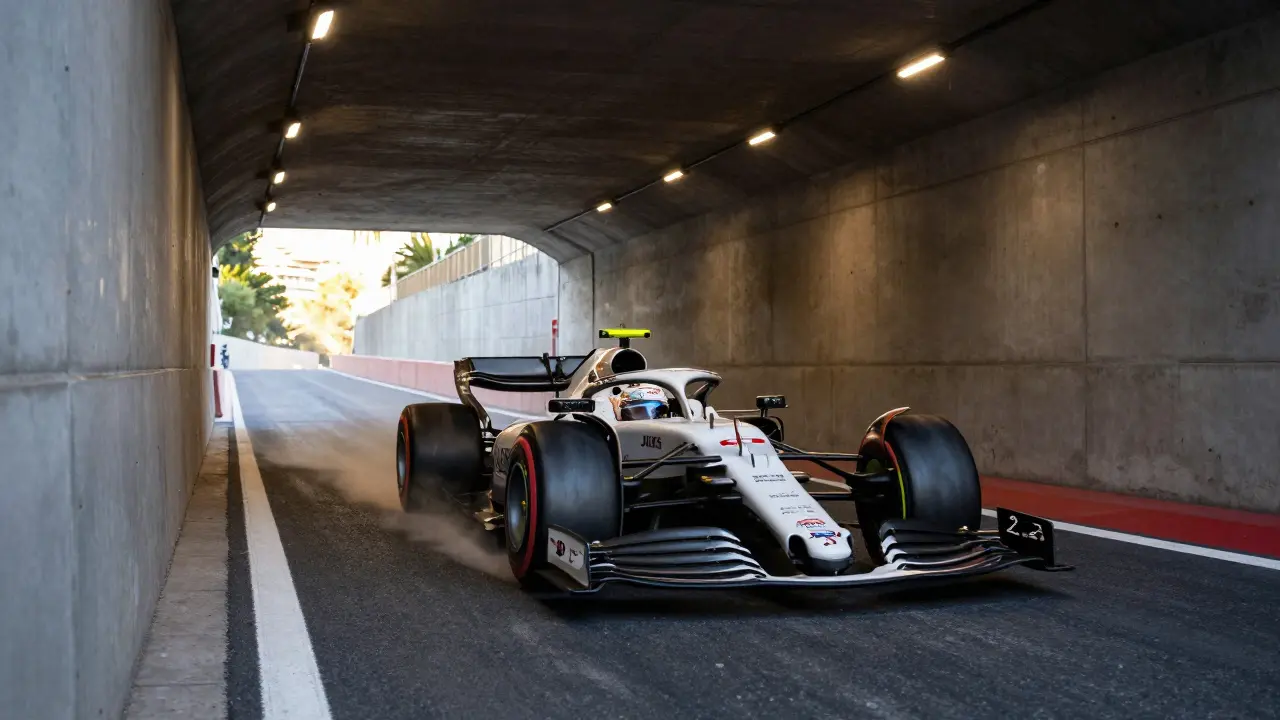 F1 car racing fast through the dark tunnel with bright exit.