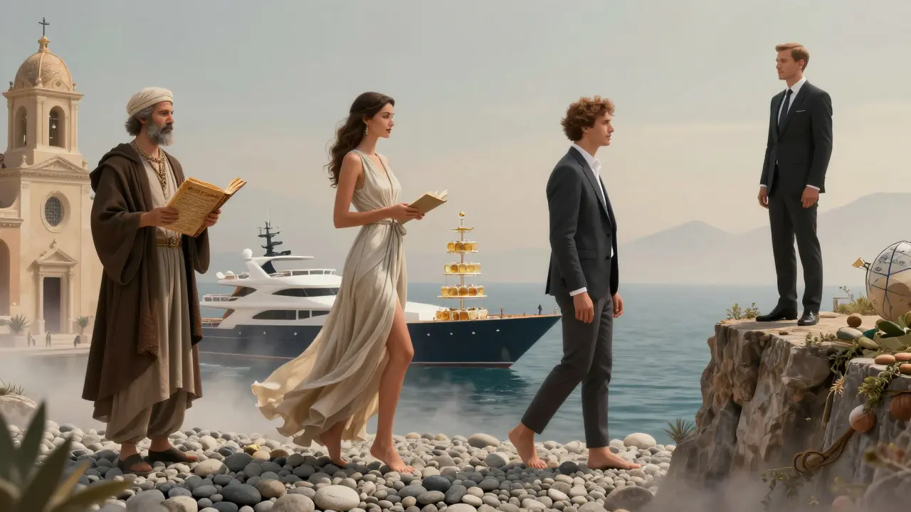 Four elegantly dressed figures embodying different companion types in a dreamlike Monte Carlo seascape.