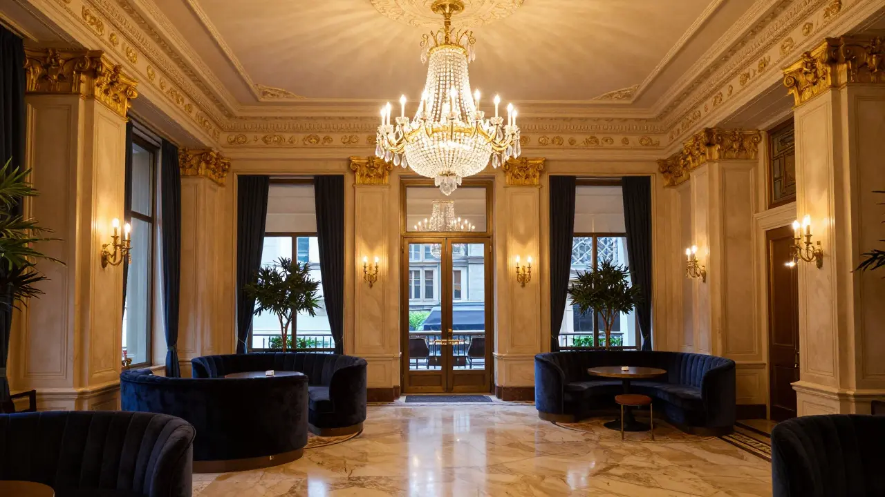 Grand hotel lobby interior featuring crystal chandeliers
