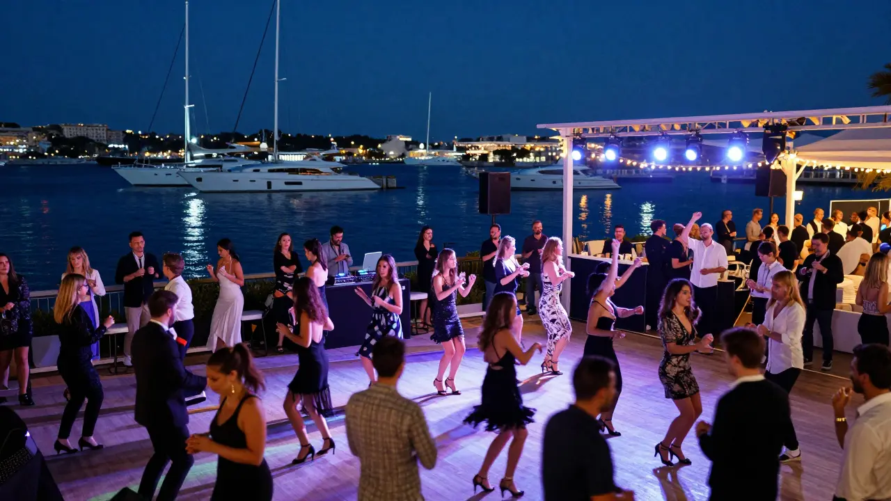 Illuminated superyachts in harbor with a lively crowd dancing at an open-air club.