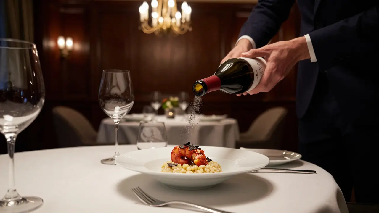 Luxurious Michelin-starred dining at Le Louis XV with truffle-infused lobster dish and crystal wine glasses under chandelier light.