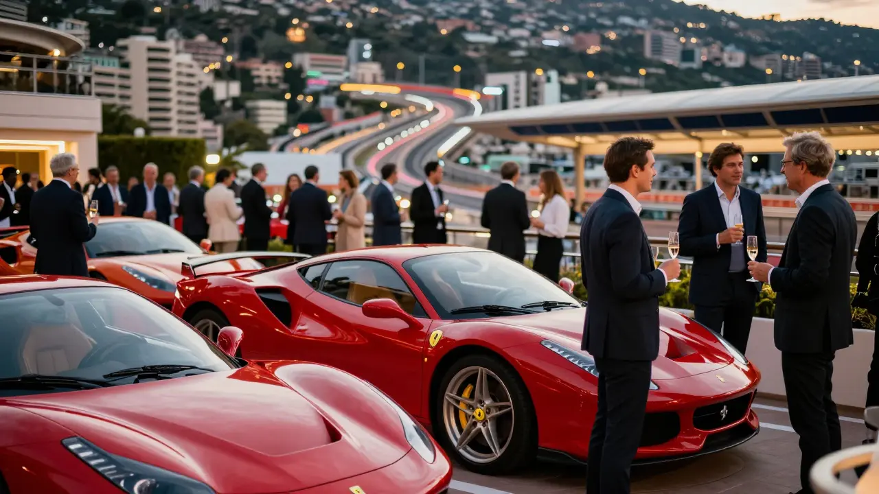 Luxury guests drinking champagne with supercars parked nearby.