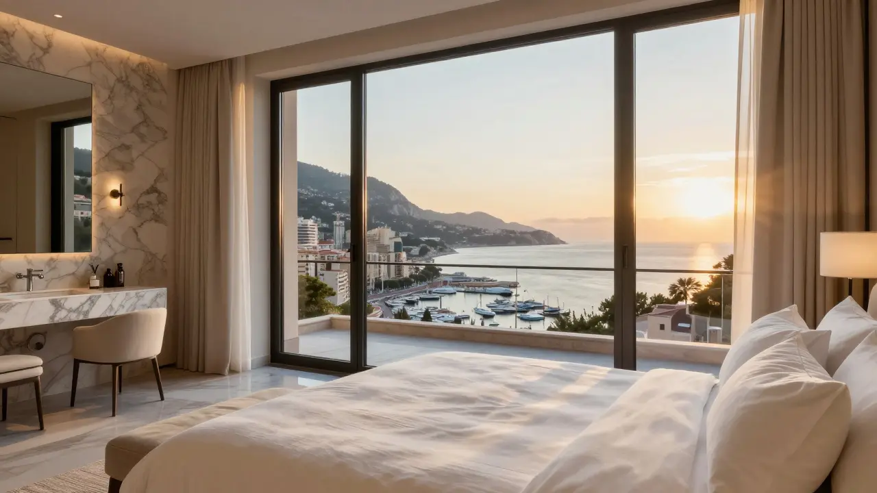 Luxury suite bedroom with panoramic Mediterranean harbor view