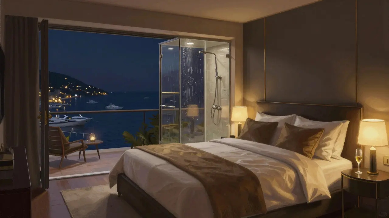 Luxury suite interior with Mediterranean view and plush bedding.