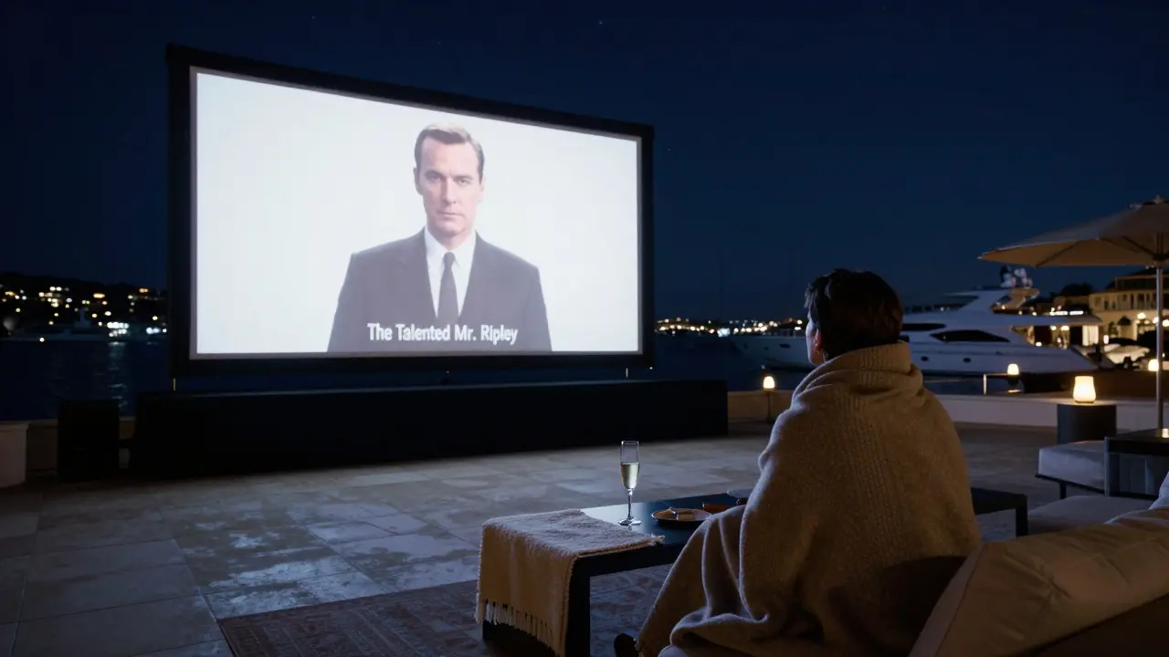 Outdoor cinema terrace at night showing a film, a guest wrapped in a blanket under stars with yachts twinkling in the harbor.