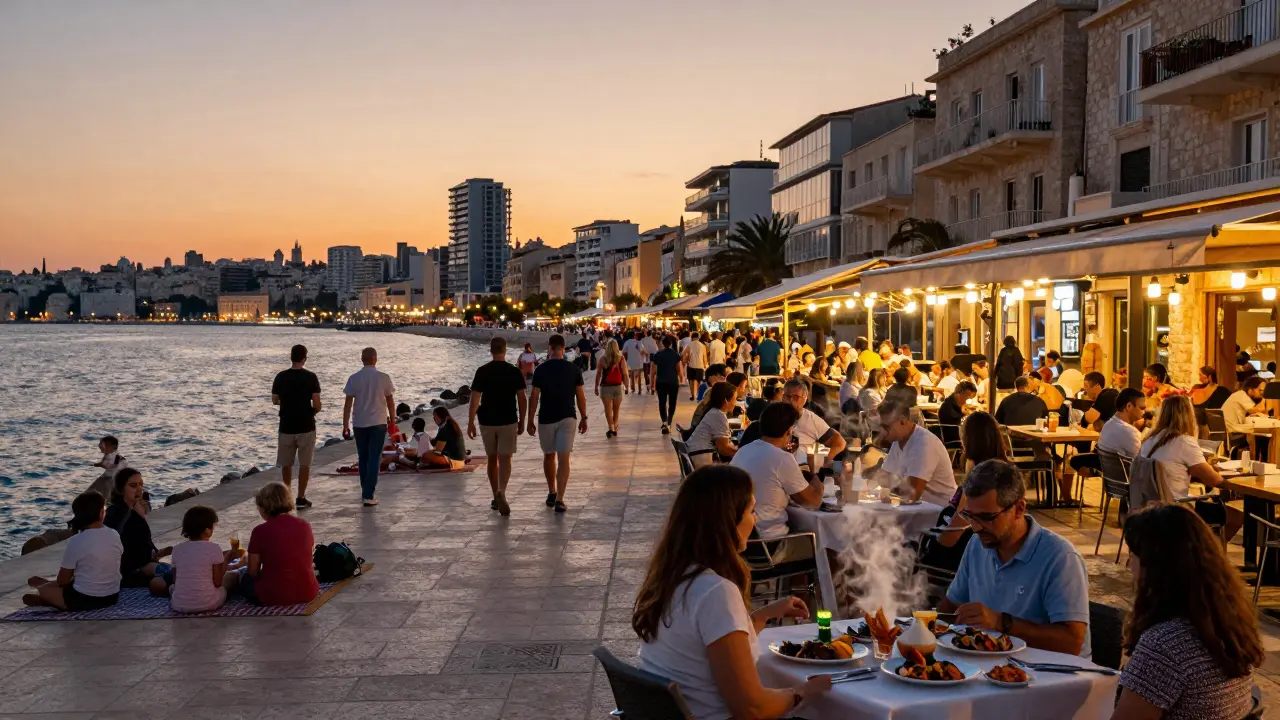 People dining on a waterfront terrace overlooking the harbor at sunset