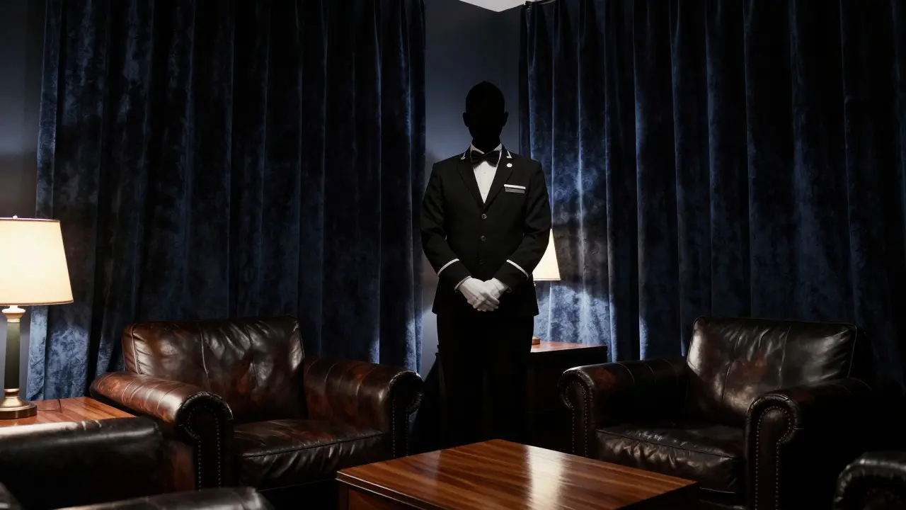 Silhouetted concierge in dim lounge representing privacy and service.