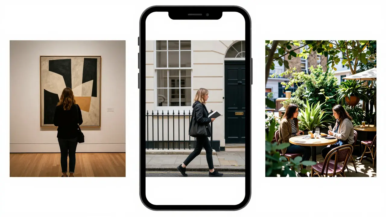 Three authentic photos of a companion in a museum, walking in Notting Hill, and at a garden café.