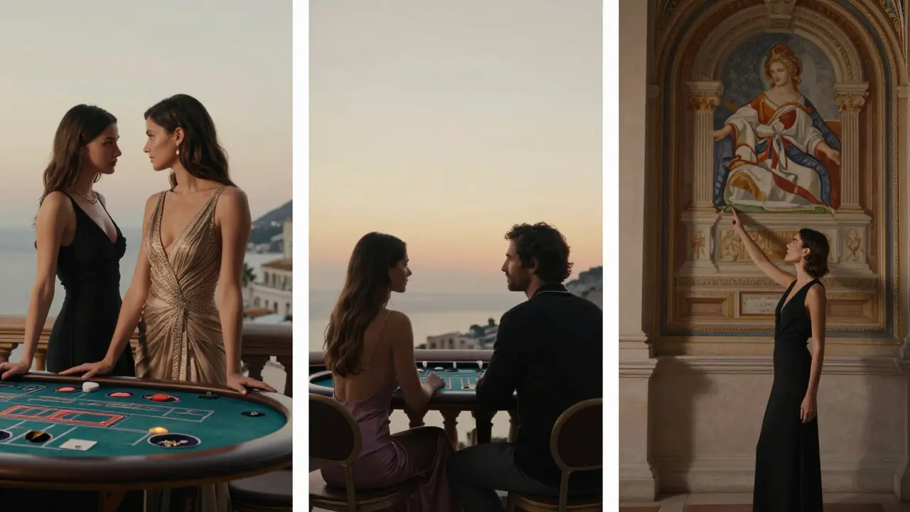 Three elegant figures in Monaco settings — casino, terrace, and palace — each representing a distinct companion profile.