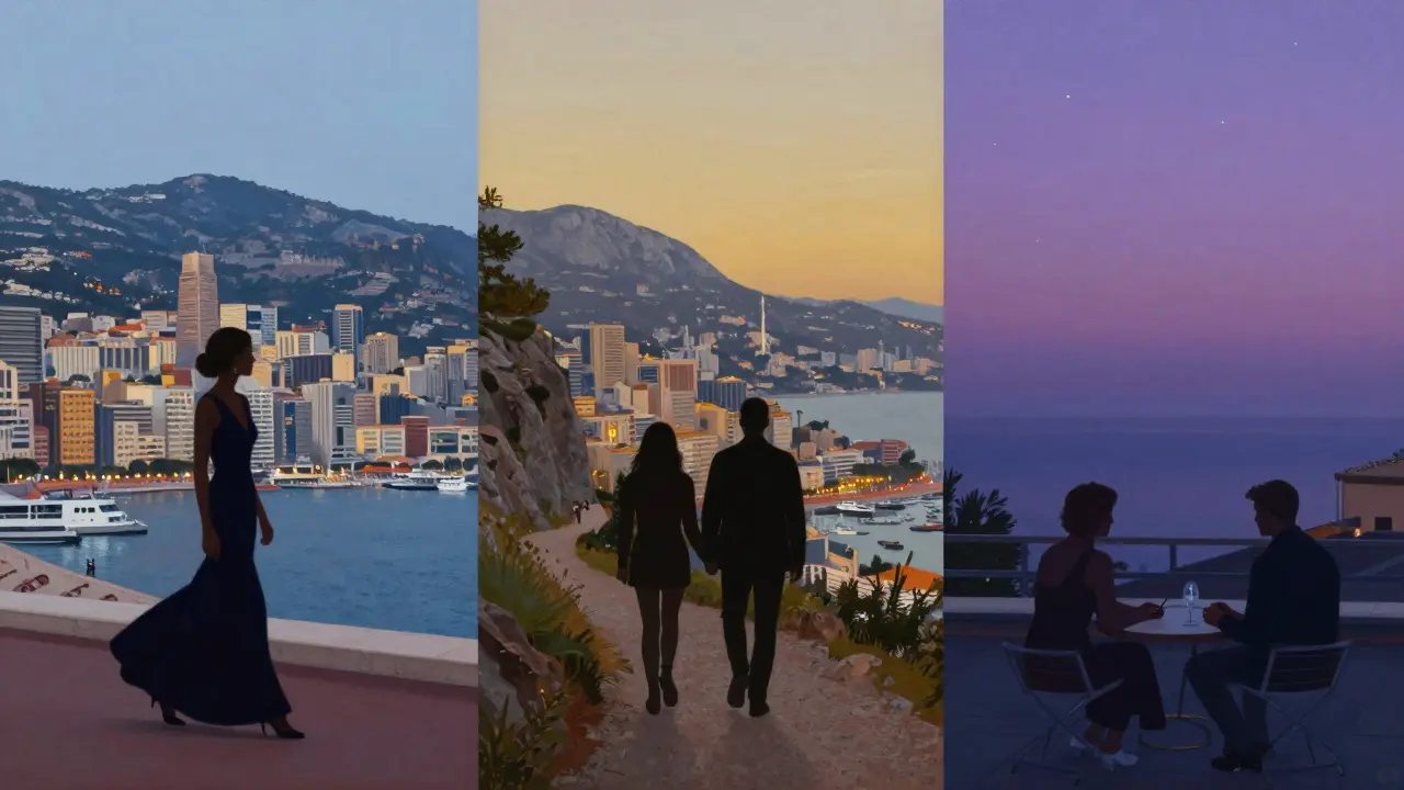 Three silhouettes represent different companion types against Monaco’s harbor, cliffs, and rooftop at twilight.
