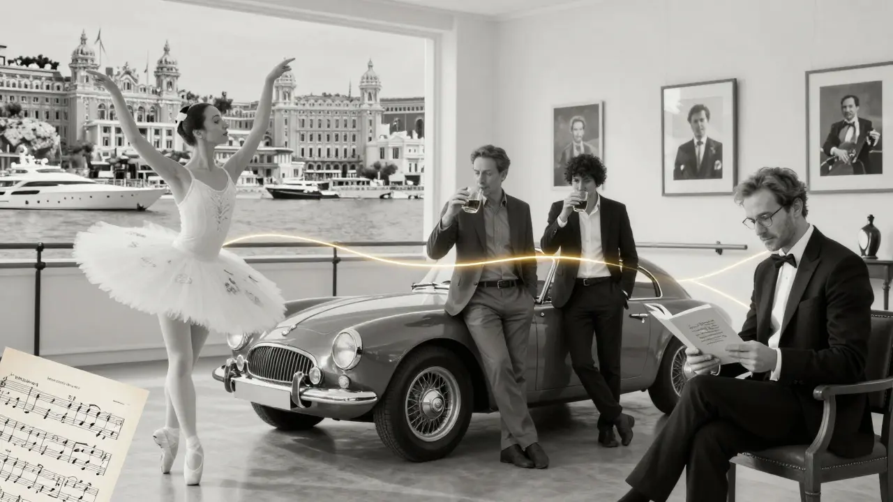 Three sophisticated companions in their element: dancer, tech entrepreneur, and diplomat, connected by golden threads through Monte Carlo.