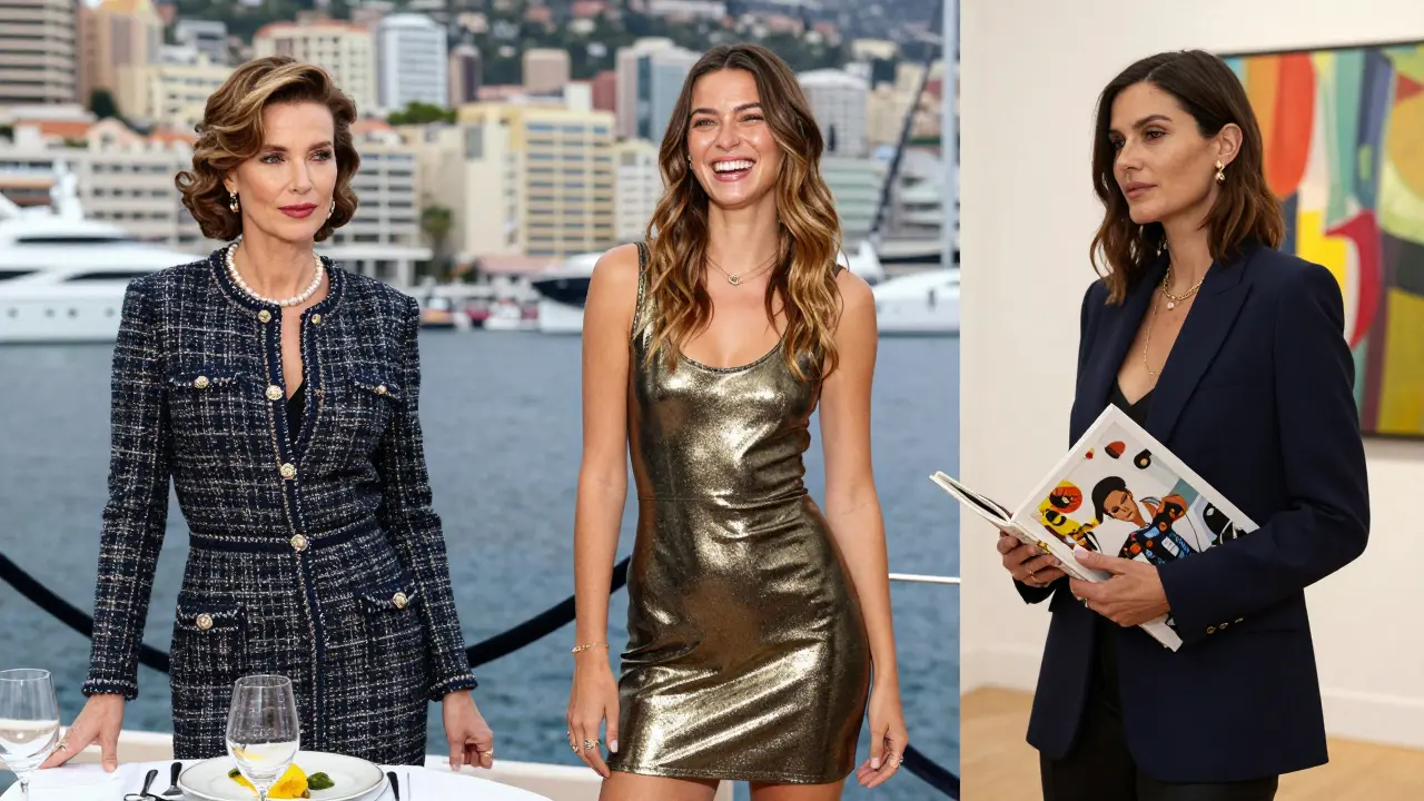 Three women in luxury settings represent different types of elite companions in Monaco: classic, modern, and intellectual.