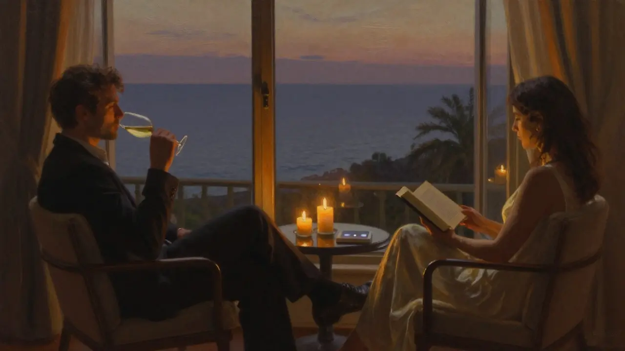 Two people in quiet companionship beside a window overlooking the Mediterranean, candlelight glowing softly.