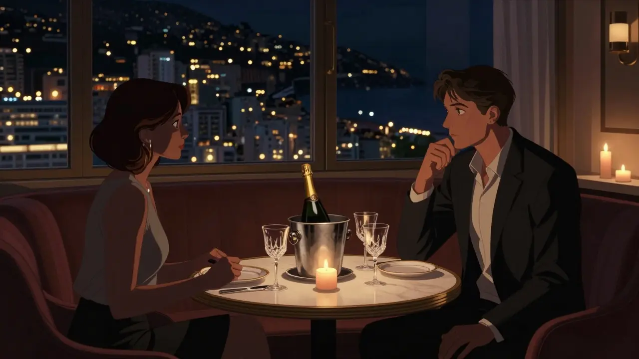 Two people share quiet conversation in a luxurious Monaco lounge, candlelight glowing on champagne and fine glassware.