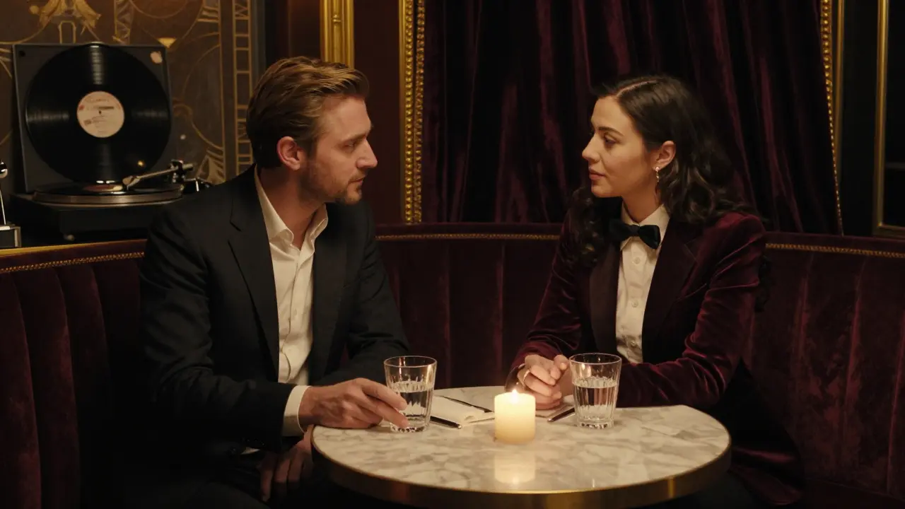 Two people sit quietly in a private jazz lounge, candlelight glowing, wine glasses half-full, no words needed.